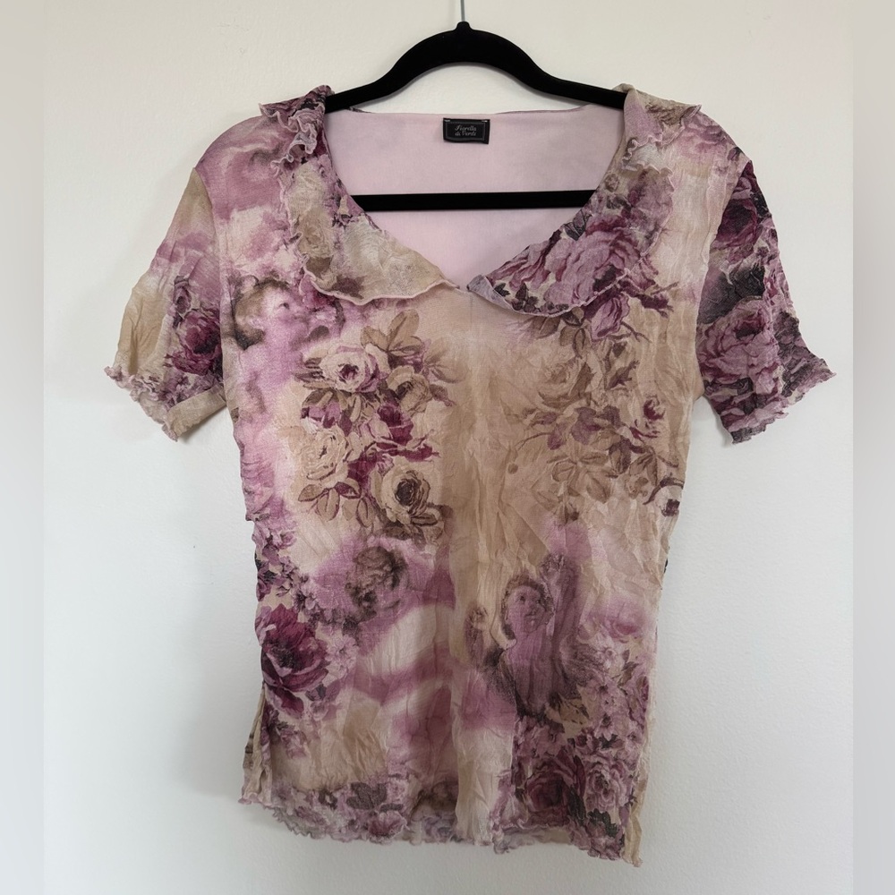 Y2K Fiorella di Verdi Sheer Mesh Angel Print Top – Vintage Floral Cherub Tee S/M